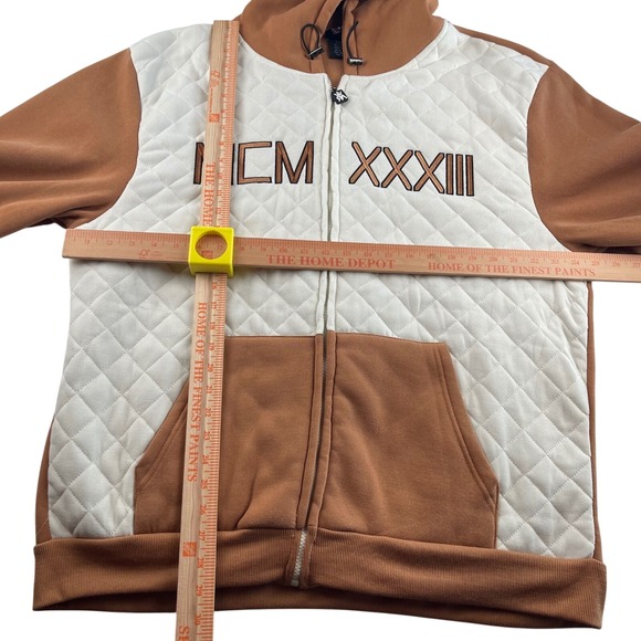 MCM XXXII Quilted 2 Pc Zip Up Hoodie Sweatshirt Jogger Pants Set Brown Cream 2XL - Picture 7 of 13